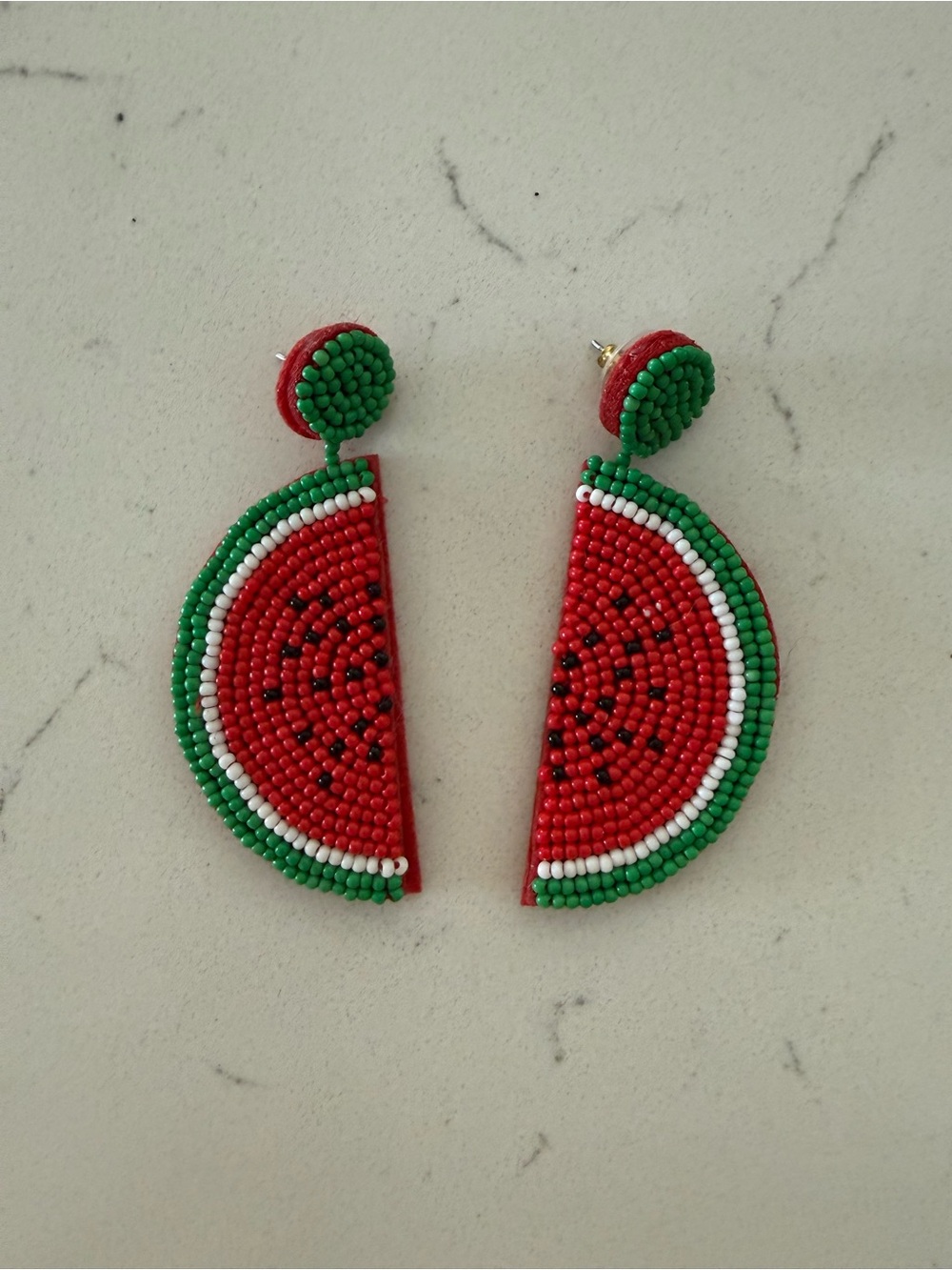 Beaded Watermelon Half-Drop Earrings - Green & Red